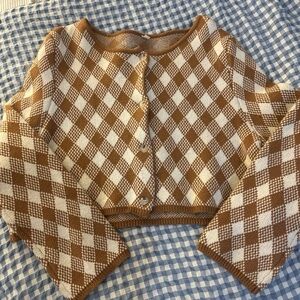 Brown and White Checkered Cardigan